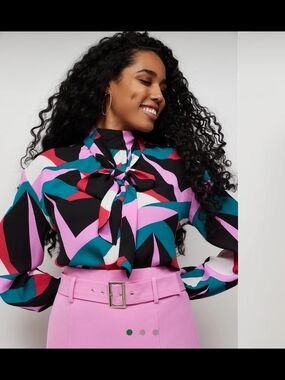 NY Collection Geometric Tie-Neck Blouse in Teal, Pink & Black